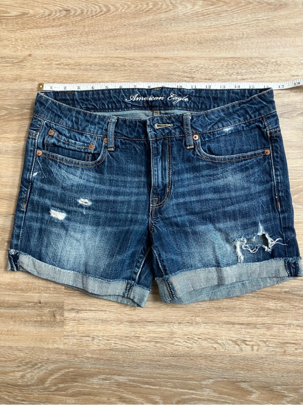 American Eagle Outfitters Dark Blue Distressed Rolled Hem Jean Shorts